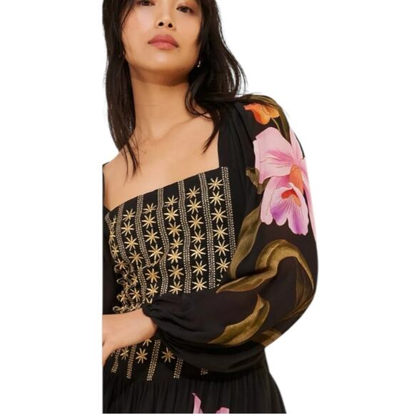 Farm Rio Long Sleeve Midi Dress Square Neck Black Floral Size Medium - Picture 5 of 8